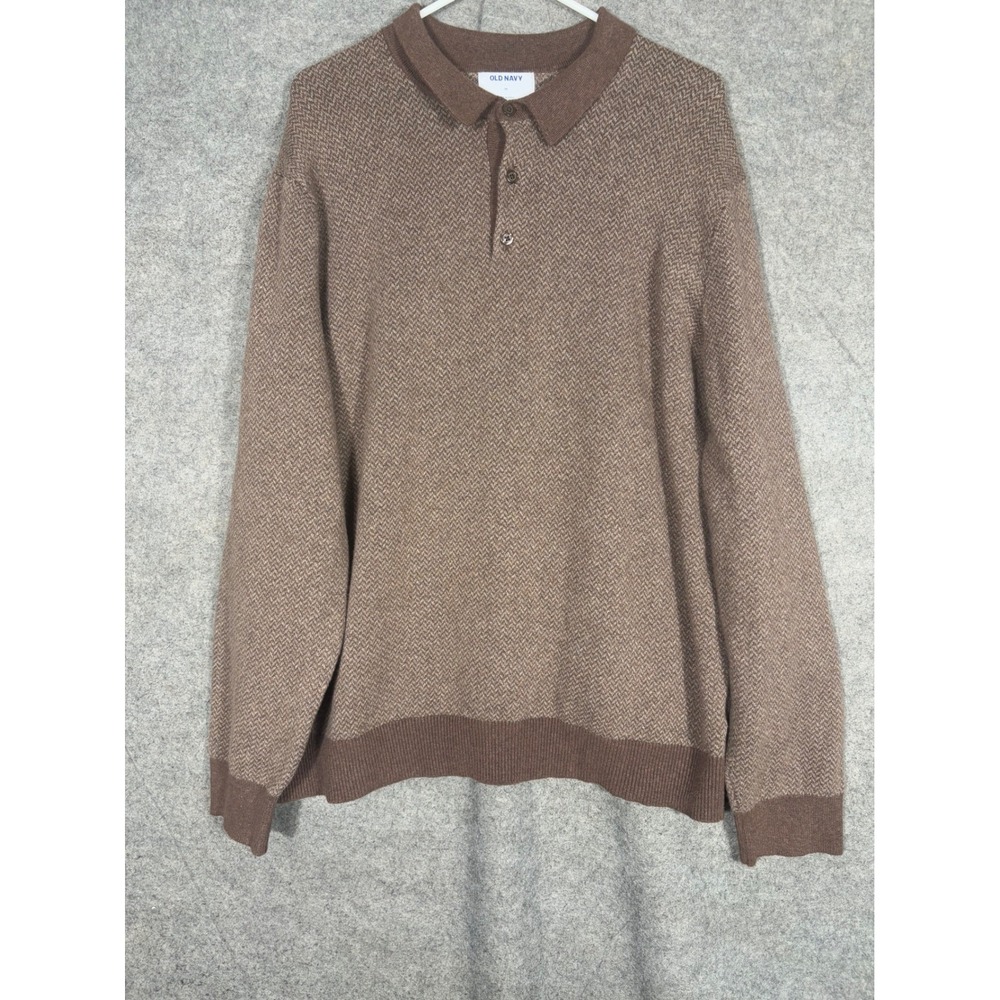Old Navy Mens XL Brown Herringbone Sweater Polo‎ Long Sleeve 807104-02 Knit Top